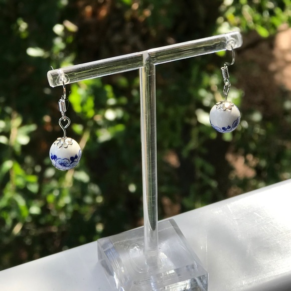 Chinoiserie Porcelain Dangle Earrings Pink+Green / Blue + White Grandmillennial - Picture 12 of 15